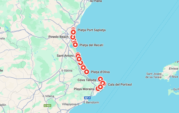 Mapa z plażami Walencji
